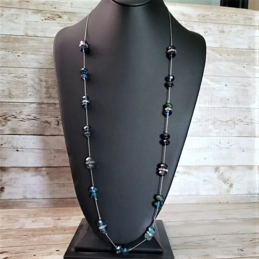 Long Necklace with Blue & Silver Tone Beads Thin Strand
